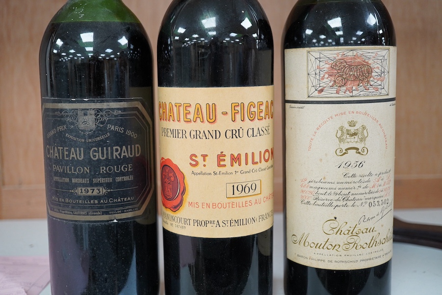 Three bottles including; Chateau Mouton Rothschild 1956, Château Guiraud Pavillon Rouge 1973 and Chateau Figeac St Emilion 1969. Condition - fair.